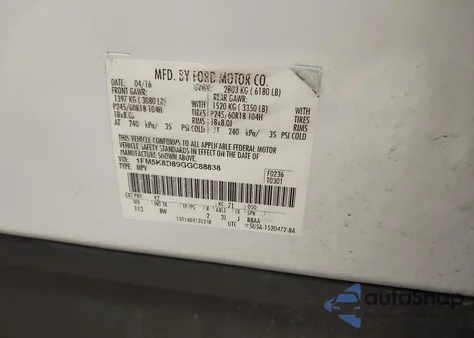 2016 Ford Explorer Xlt from USA, damaged, VIN 1FM5K8D89GGC88838